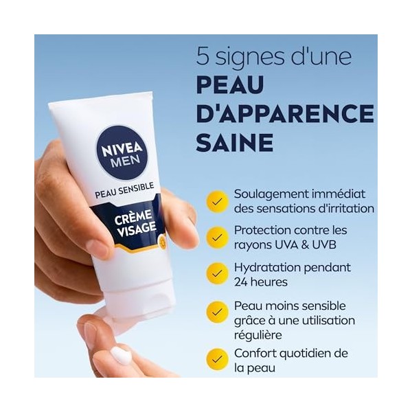 NIVEA MEN Crème Visage FPS 15 pour peaux sensibles 1 x 75 ml , soin visage hydratant homme 0% alcool, crème pour homme à la ...