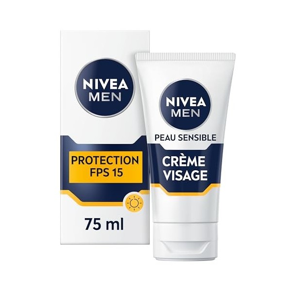 NIVEA MEN Crème Visage FPS 15 pour peaux sensibles 1 x 75 ml , soin visage hydratant homme 0% alcool, crème pour homme à la ...