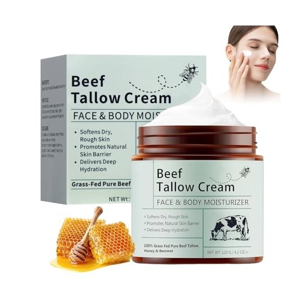 WYOSMALL Beef Tallow for Skin, Baume au Suif et au Miel Naturel et Biologique, Profonde Nourrissante, Suif de Bœuf pour les S