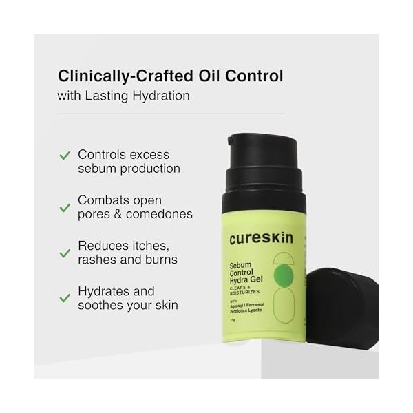 Cureskin Sebum Control Hydra Gel : Hydratation & Shine Control pour peaux grasses avec Aquaxyl, Farnesol, Probiotiques Lysate...