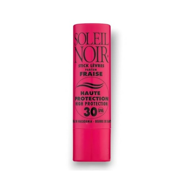 Soleil Noir - Stick Lèvres Goût Fraise - SPF 30, Haute Protection Solaire - Nourrit, Hydrate, Protège - Huile de Macadamia, B