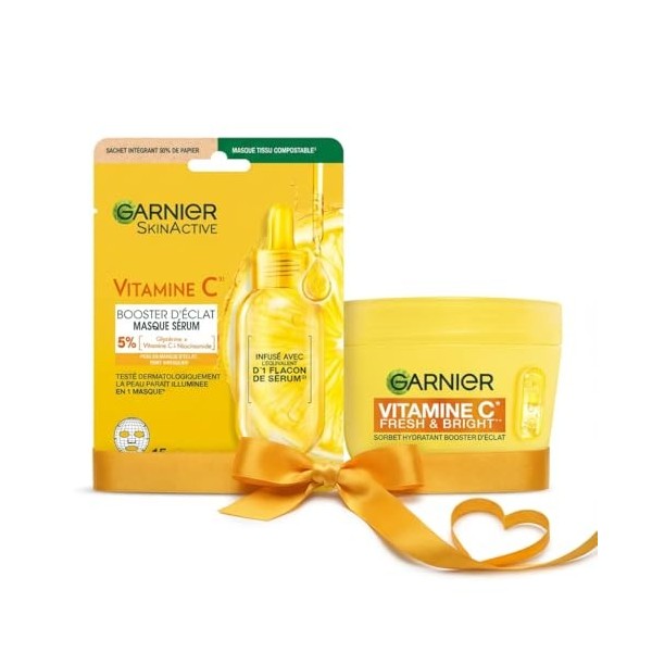 GARNIER - Coffret Idée Cadeau Saint-Valentin - Routine Éclat & Anti-Taches Vitamine C - Crème Sorbet Fresh & Bright 85ml & C...
