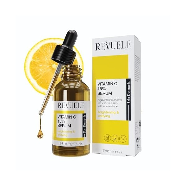 REVUELE Vitamine C 15% Sérum Visage Illuminant – Antioxydant Puissant avec Effet Uniformisant, Réduit Taches et Rides Fines,