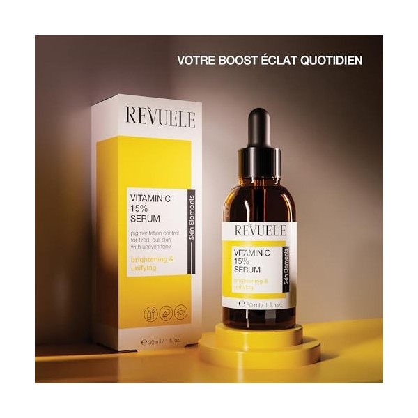 REVUELE Vitamine C 15% Sérum Visage Illuminant – Antioxydant Puissant avec Effet Uniformisant, Réduit Taches et Rides Fines,