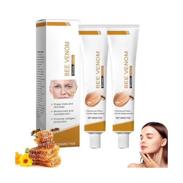 2PCS Crème Anti-Rides au Venin dAbeille, Crème Hydratante Raffermissante pour le Visage et le Cou, Pour Homme Et Femme, 20g