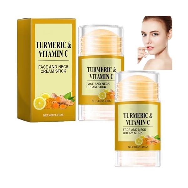 Crème visage et cou en stick curcuma et vitamine C, baume hydratant et éclaircissant pour raffermir et lifter la peau pour un...