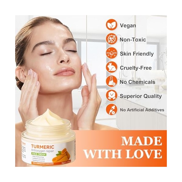 Crème Visage au Curcuma et à la Vitamine C, Crème au Anti Taches, Hydratant Anti-Âge, Cream Éclaircissante pour Les Taches Br