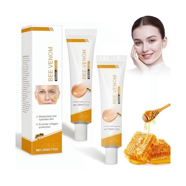 2*20g Crème au Venin d’Abeille Anti-Rides,Soin Hydratant Raffermissant Visage et Cou,Texture Légère à Absorption Rapide,Répar...