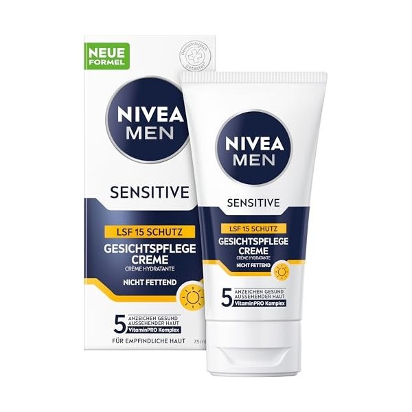 NIVEA MEN Sensitive Crème de soin du visage avec SPF 15, crème hydratante 24 h pour la peau sensible des hommes - Crème apais...