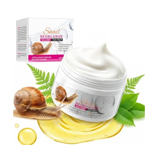 100g Crème Collagène Visage à la Bave d’Escargot – Crème Hydratante Visage Anti-Rides Femme, Soin Anti-Âge, Améliore l’Élasti...