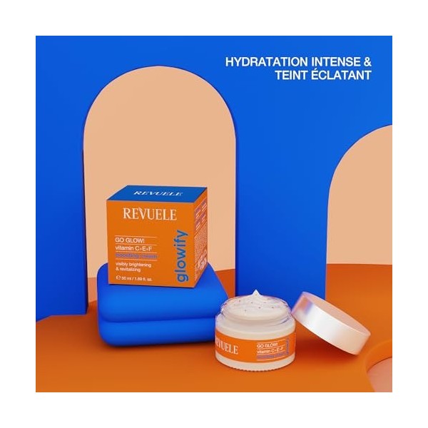 REVUELE Go Glow! Crème Visage Illuminatrice Vitamine C+ E+ F – Vitamines C+E+F, Illuminateur et Revitalisant, Uniformise le T