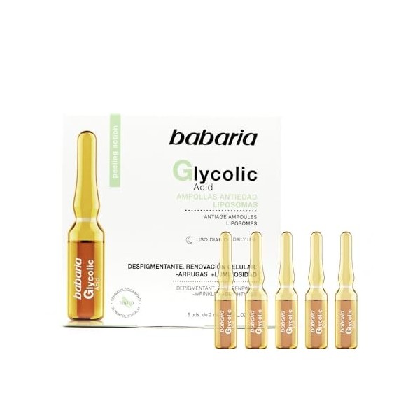 Babaria - Ampoules acide glycolique, ampoules anti-âge, avec liposomes, action de pelage et anti-âge, utilisation quotidienne
