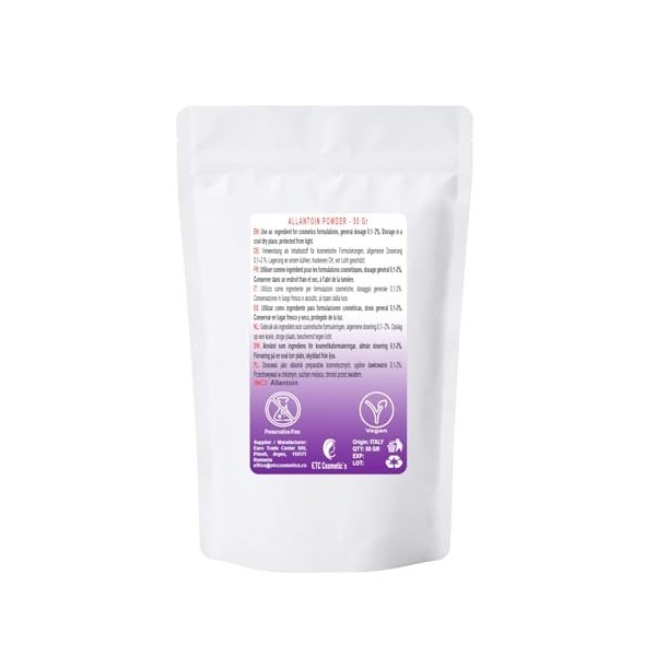 Allantoïne en Poudre - 50gr - Ingrédient Cosmétique - réputé pour ses propriétés kératolytiques, hydratantes, apaisantes et a...
