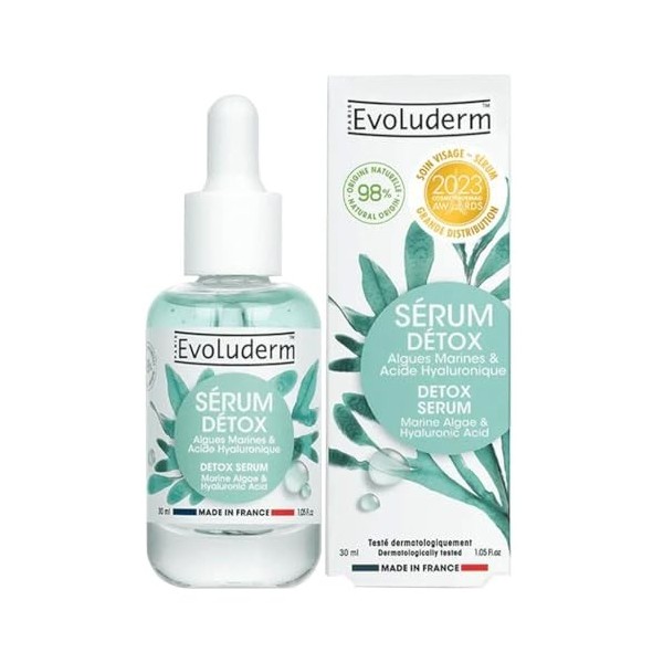EVOLUDERM – Sérum Détox aux Algues Marines et Acide Hyaluronique - 30 ml - 98% d’Origine Naturelle - Végan - Fabrication Fran