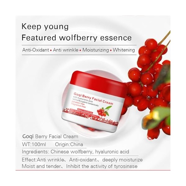 Eazerom 32 Crème Visage aux Baies de Goji – à l’acide hyaluronique et à la vitamine C, crème naturelle anti-âge et anti-rides