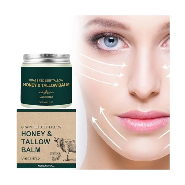 Baume sébum et miel pour le visage, suif de bœuf pour la peau, suif de bœuf nourri à lherbe et miel sauvage brut, crème hydr ...