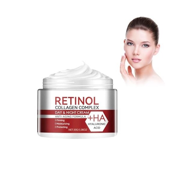 Crème Au Rétinol, Bio Crème Hydratante Visage Antirides, Antiâge,Anti Taches Jour Et Nuit Á Lacide Hyaluronique, Retinol Et 