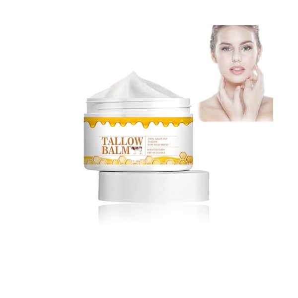 Mikabila 08, F 30g Facial Tallow Honey Balm,Crème de Soin de la peau au Bœuf-100% Herbe Fed Tallow Raw Wild Honey,Tallow Moi