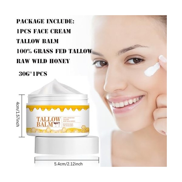 Mikabila 08, F 30g Facial Tallow Honey Balm,Crème de Soin de la peau au Bœuf-100% Herbe Fed Tallow Raw Wild Honey,Tallow Moi