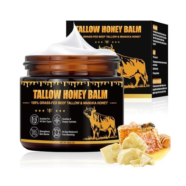 Beef Tallow for Skin 60g, Crème de Suif de Bœuf Biologique 100% Nourri à lherbe, Tallow and Honey Balm, Soins de la Peau au ...