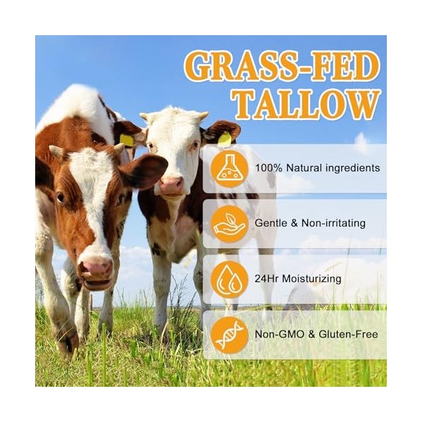 Beef Tallow for Skin 60g, Crème de Suif de Bœuf Biologique 100% Nourri à lherbe, Tallow and Honey Balm, Soins de la Peau au ...