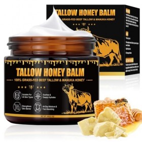 Beef Tallow for Skin 60g, Crème de Suif de Bœuf Biologique 100% Nourri à lherbe, Tallow and Honey Balm, Soins de la Peau au 