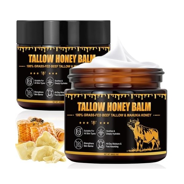 Beef Tallow for Skin 60g, Crème de Suif de Bœuf Biologique 100% Nourri à lherbe, Tallow and Honey Balm, Soins de la Peau au ...