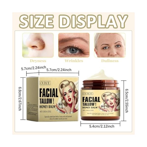 Beef Tallow Cream for Skin,Beef Tallow Cream, Suif de Boeuf Bio Baume de Suif de Bœuf au Miel, Nourrissant et Hydratant pour 