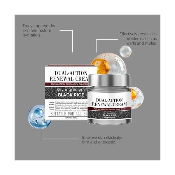 Dual-Action Renewal Cream, Crème de traitement de la peau, crèmes de réparation apaisantes de riz noir et blanc, sérum corpor