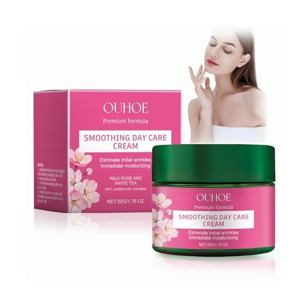 Crème de Jour Lissante Rose & Thé Blanc,Creme Hydratante Visage,Anti-âge,Anti Rides Femme,Réduit les Rides et Raffermit,pour