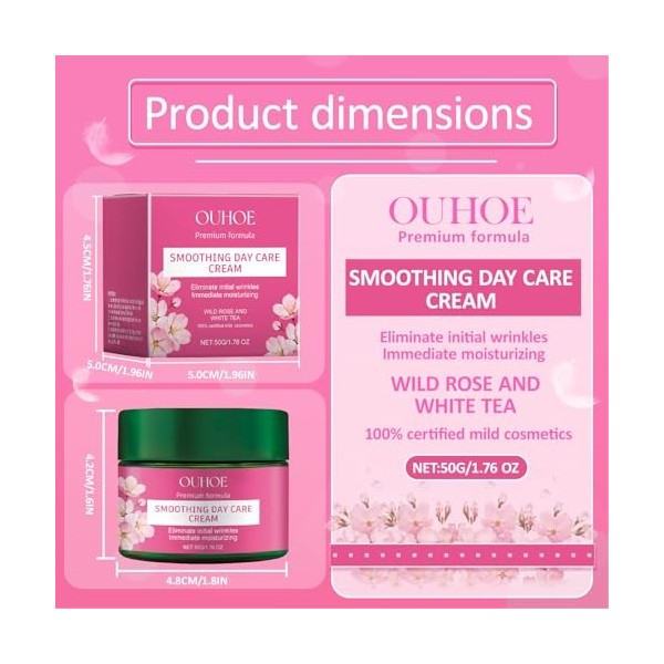 Crème de Jour Lissante Rose & Thé Blanc,Creme Hydratante Visage,Anti-âge,Anti Rides Femme,Réduit les Rides et Raffermit,pour