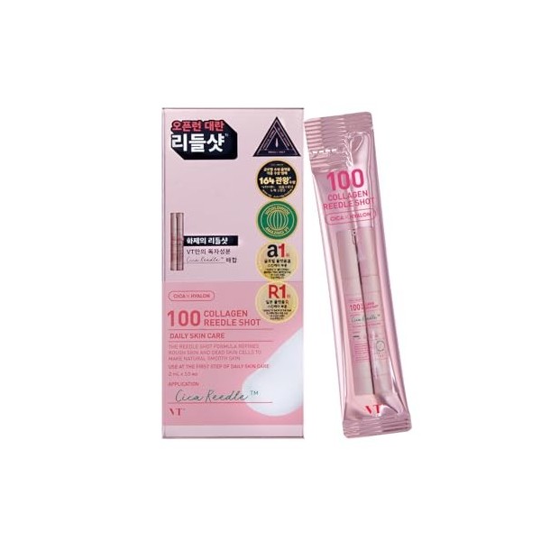 VT COSMETICS Collagène Reedle Shot, Lot de 10 Sticks Monodose 2 ml, Sérum Visage Hydratant avec Centella Asiatica, Rose