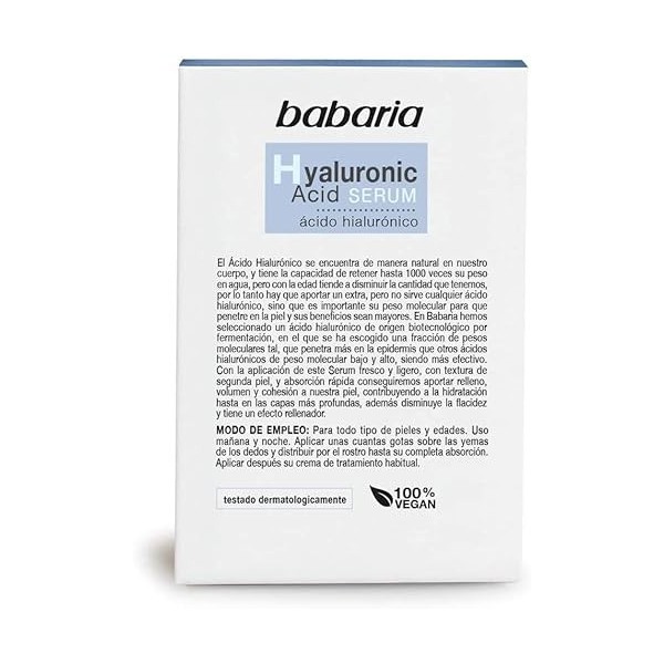 Babaria - Sérum Acide Hyaluronique | Hydratant Visage | Augmente Élasticité | Réduit Rides et Anti-âge | Texture Légère | Vég