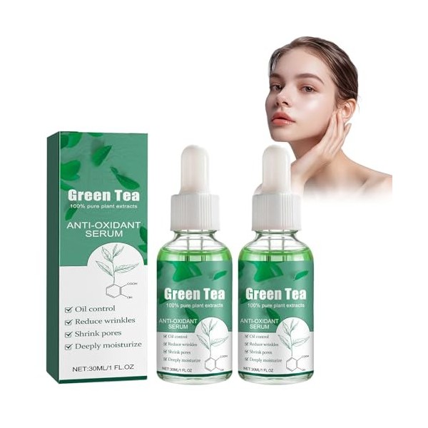 2PCS Essence Pour Sérums Et Fluides For Thé Vert, Essence Antioxydante pour le Visage, Sérum de Peau Claire au Thé Vert, Text