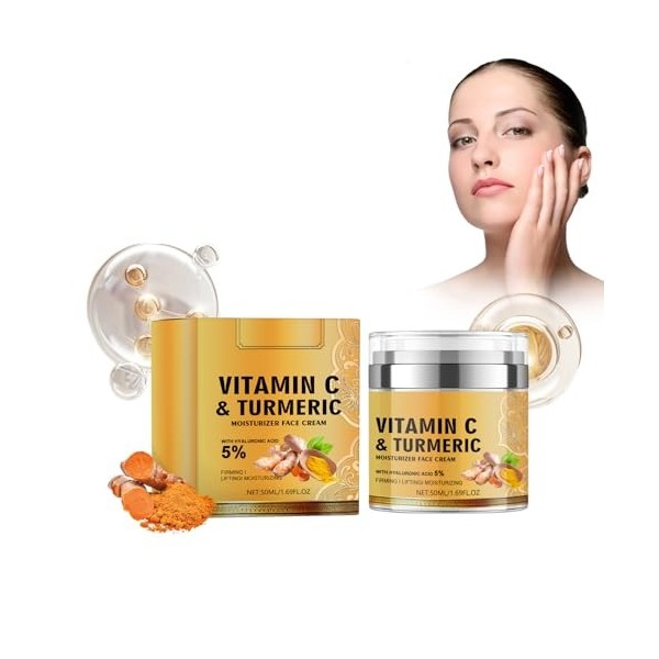Crème au Curcuma et Vitamine C pour le Visage, Creme Hydratante Visage, Curcuma Hydratation Anti-âge, Hydratant Facial au Cur
