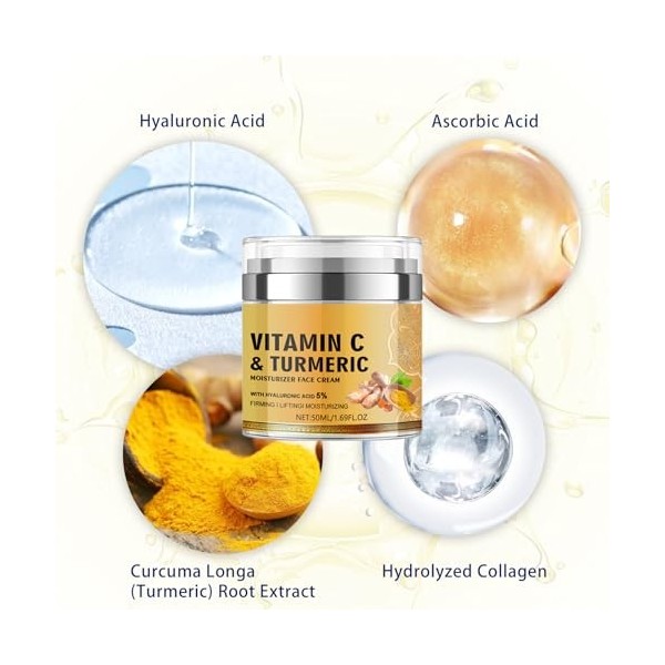 Crème au Curcuma et Vitamine C pour le Visage, Creme Hydratante Visage, Curcuma Hydratation Anti-âge, Hydratant Facial au Cur