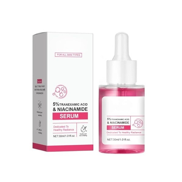 Sérum éclaircissant avec 5% d’acide tranexamique, niacinamide et arbutine – formule hydratante à l’extrait de rose, atténue l...