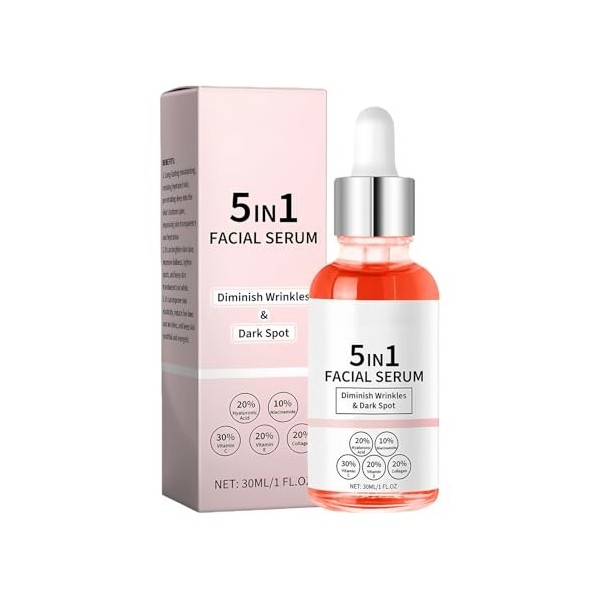 Sérum Éclaircissant Visage - 30 ml de Gouttes Liquides Nourrissantes 5-en-1 - Huile Hydratante Visage - pour Usage à la Maiso