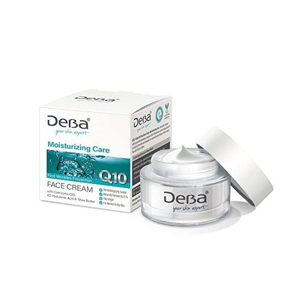 DeBa Crème hydratante pour le visage avec coenzyme Q10, acide hyaluronique 4D et beurre de karité