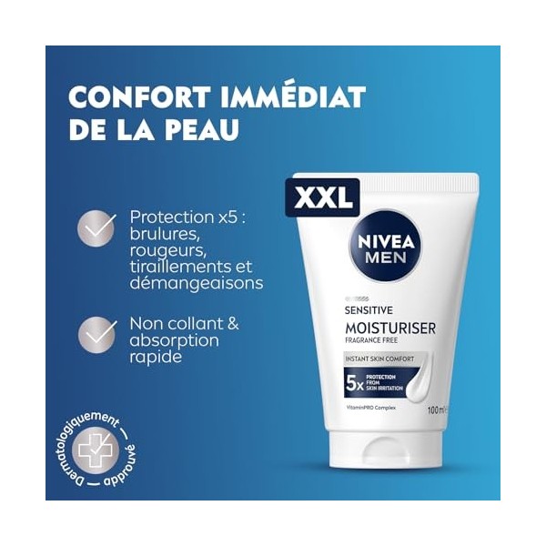 NIVEA MEN - Crème Hydratante Visage Quotidienne - Boost DHydratation Immédiat - Peau Sensible - Format XXL - Sans Parfum - C