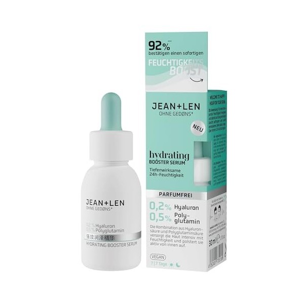 Jean & Len Hydrating Booster Serum, idéal pour tous les types de peau, hydratation en profondeur pendant 24h, sérum visage lé
