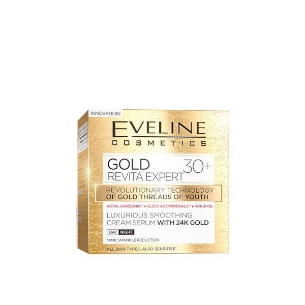 Eveline Cosmetics Gold Revita Expert du sérum de crème lissée avec 24 km, pour jour et nuit, 30+, 50 ml