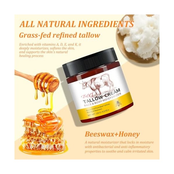 Ziyonix Beef Tallow for Skin, Tallow and Honey Balm Beef Tallow Crème pour Soin de la Peau Soins de la Peau au Suif de Bœuf B