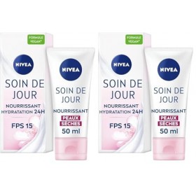 NIVEA Soin De Jour 24H Hydratant Nourrissant FPS15 2 x 50 ml , crème hydratante visage enrichie en beurre de karité, soin vi ...