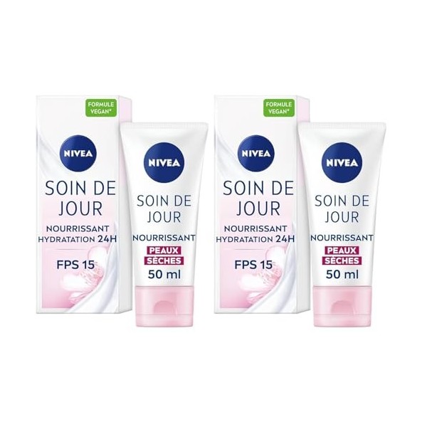 NIVEA Soin De Jour 24H Hydratant Nourrissant FPS15 2 x 50 ml , crème hydratante visage enrichie en beurre de karité, soin vi ...