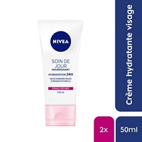 NIVEA Soin De Jour 24H Hydratant Nourrissant FPS15 2 x 50 ml , crème hydratante visage enrichie en beurre de karité, soin vi ...