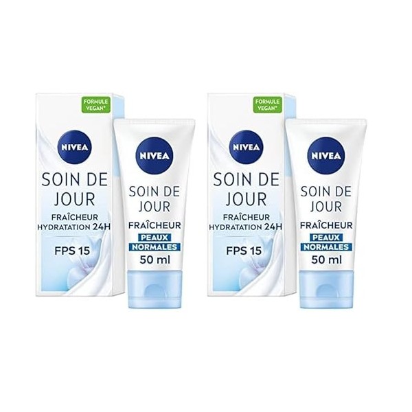 NIVEA Soin De Jour 24H Hydratant Nourrissant FPS15 2 x 50 ml , crème hydratante visage enrichie en beurre de karité, soin vi ...