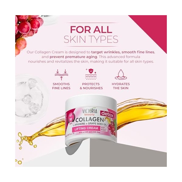 Victoria Beauty Crème au collagène, crème raffermissante pour le visage à lhuile de pépins de raisin, niacinamide, L-arginin
