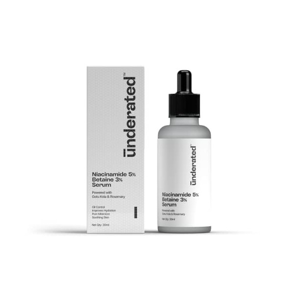 UNDERATED 5% Niacinamide & 3% Betaine Serum Powered with Gotu Kola & Rosemary for Reducing Excess Oil, Improving Hydaration, 