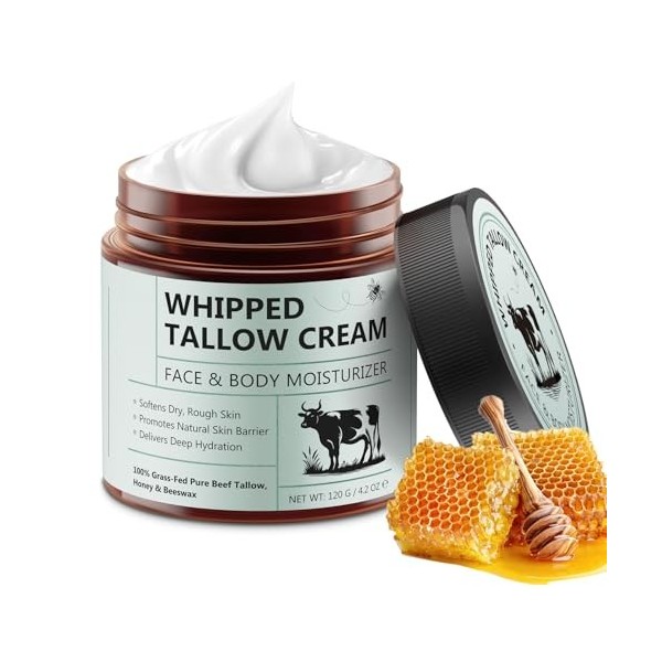 Beef Tallow for Skin, Suif de Bœuf pour les Soins de la Peau, Baume au Suif et au Miel 100% Naturel et Biologique pour le Vis